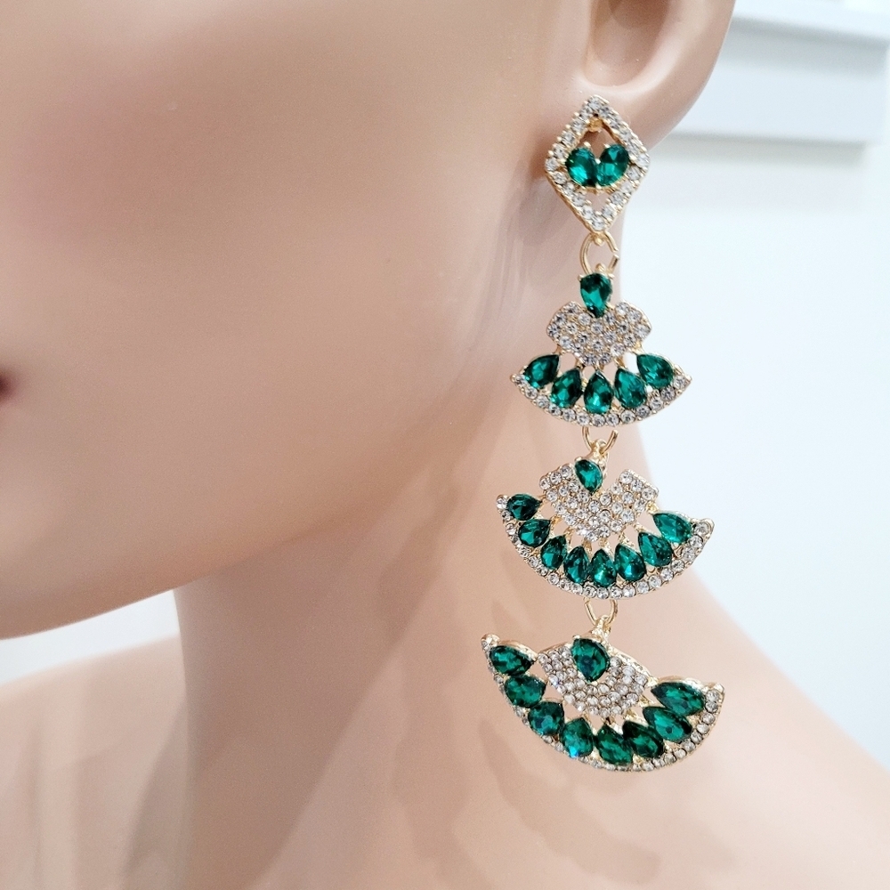 Brand New Bohemian Gold Tone Green Rhinestone Dangle Long Earrings
